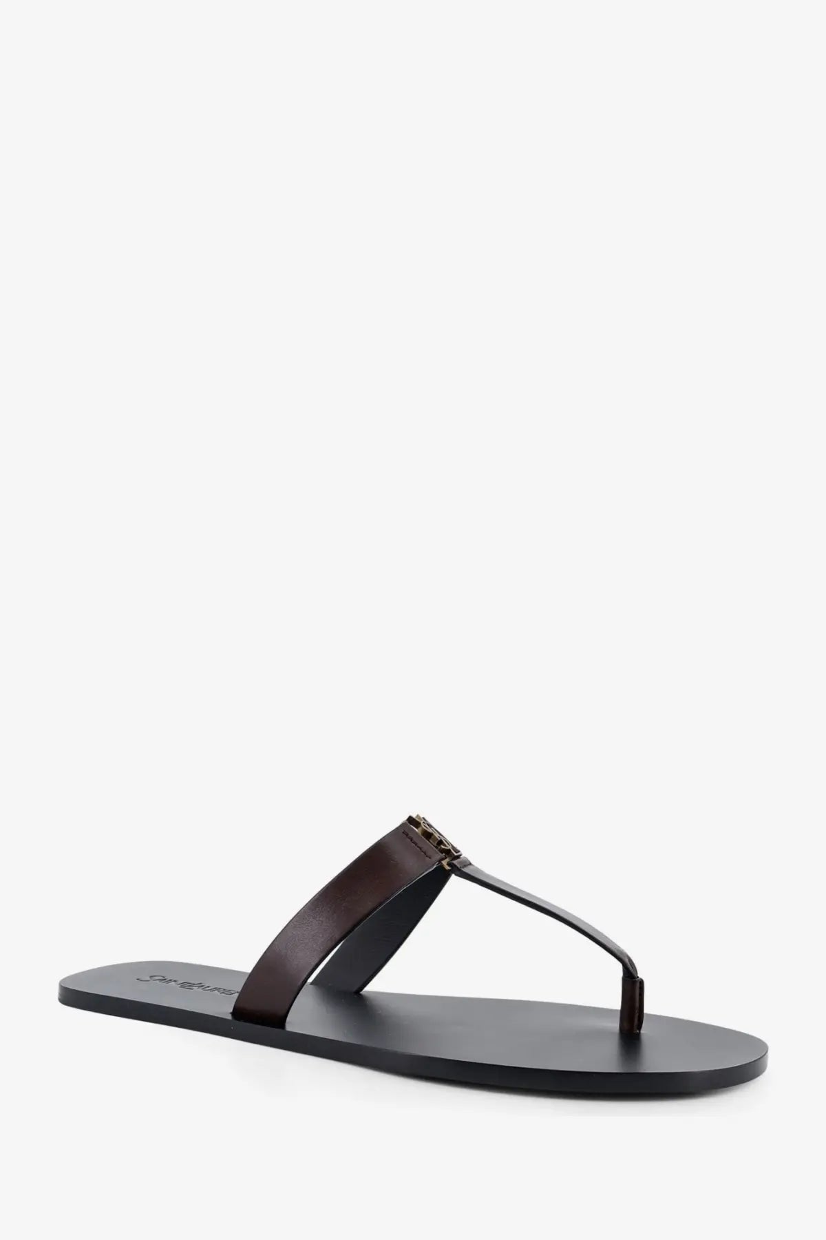 Saint Laurent men’s babylone black leather thong sandal with brown strap and gold-tone buckle