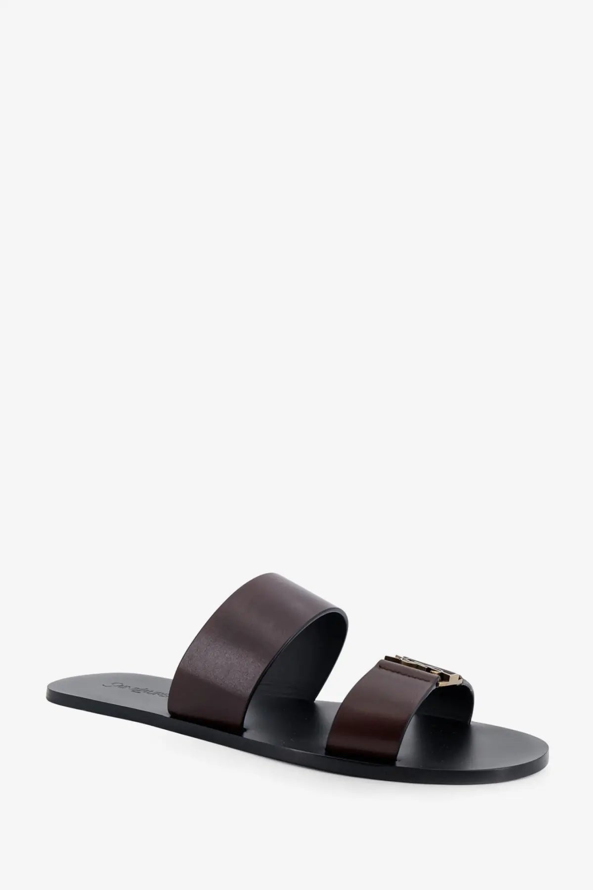 Saint Laurent men’s babylone dark brown leather slide sandal with black sole and gold-tone buckle detail
