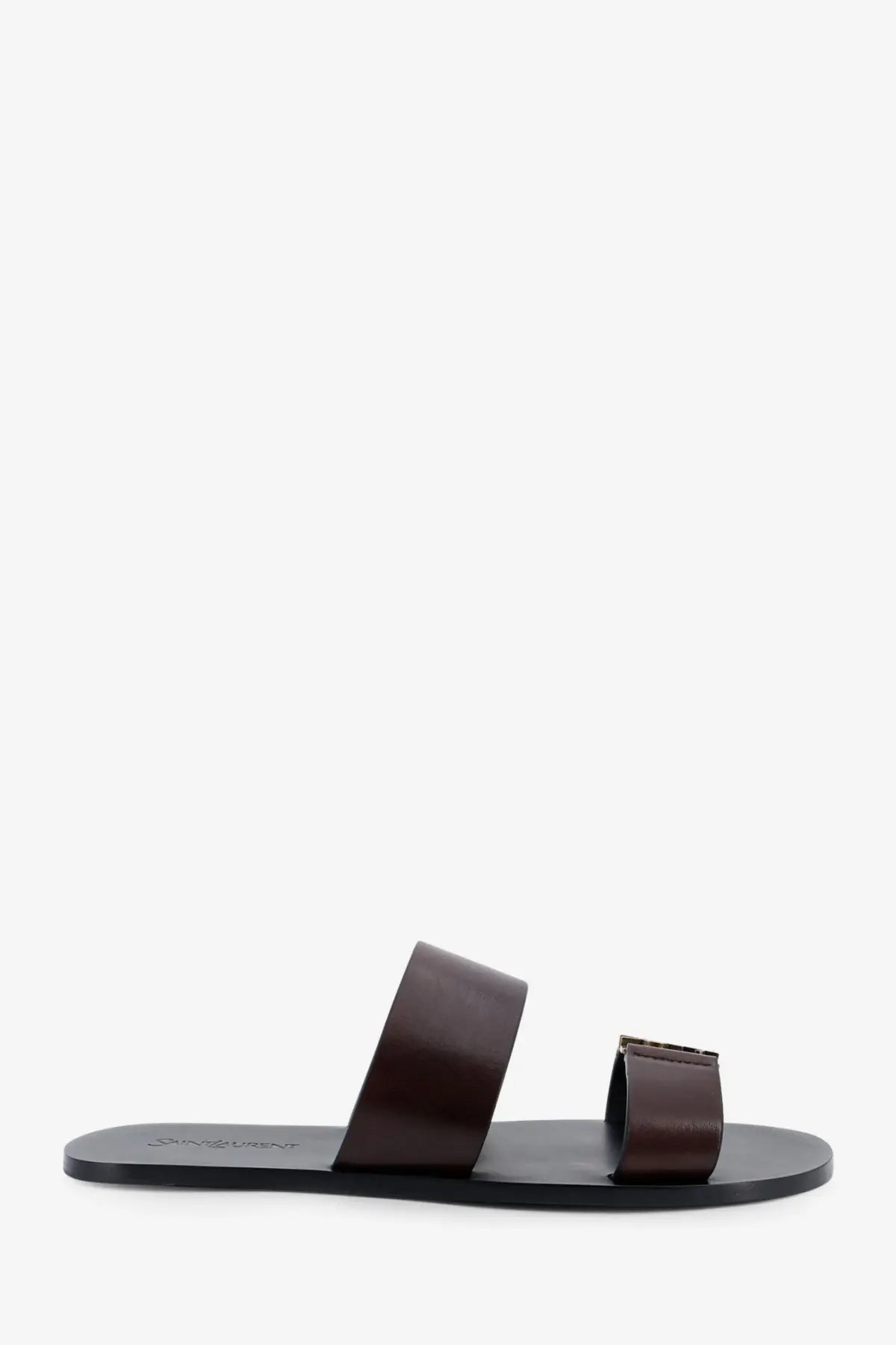 Saint Laurent men’s Babylone dark brown leather slide sandal with minimalist design and black rubber sole