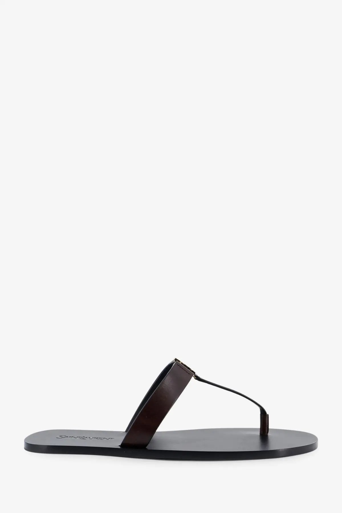 Saint Laurent men’s babylone leather sandals in dark brown with minimalist thong design and black sole viewed from the back
