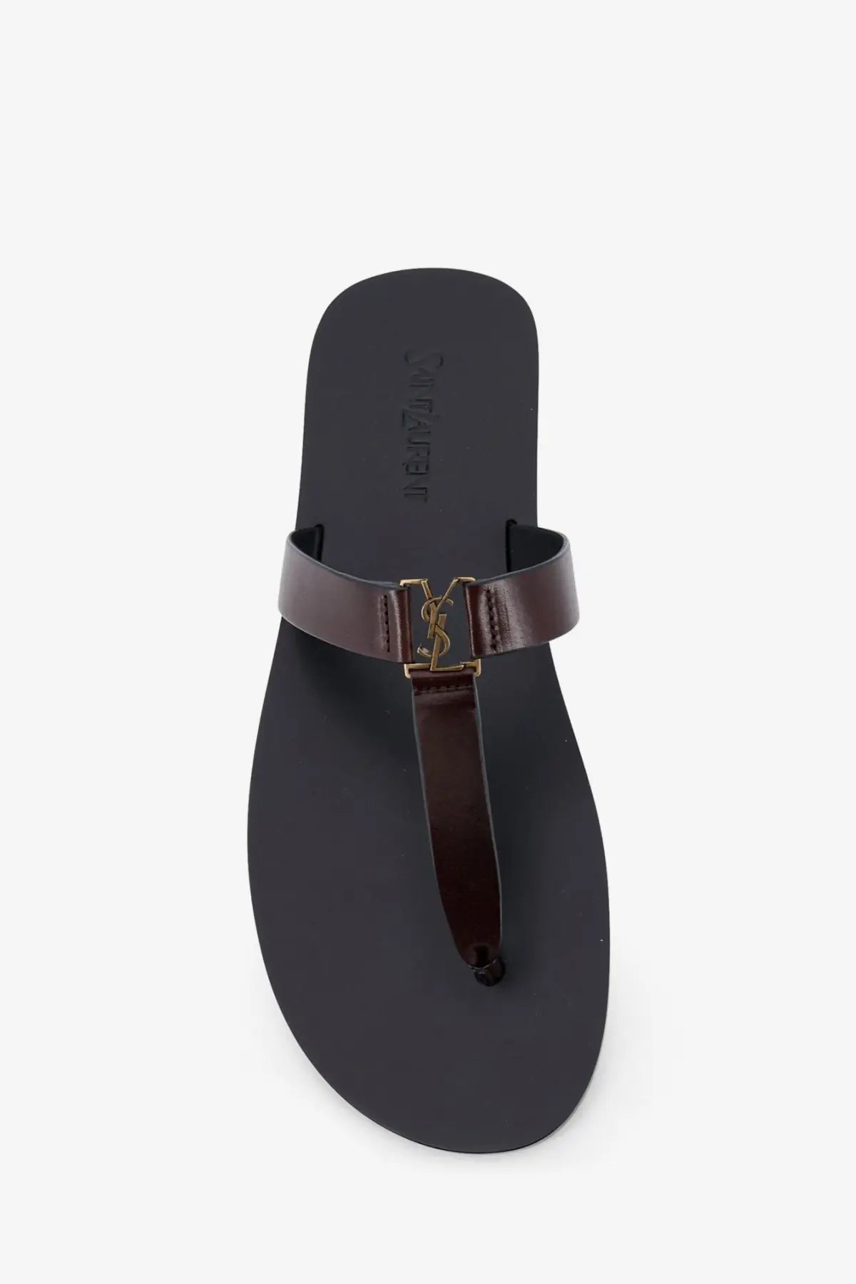 Saint Laurent men’s babylone dark brown leather thong sandal with gold-tone YSL logo buckle