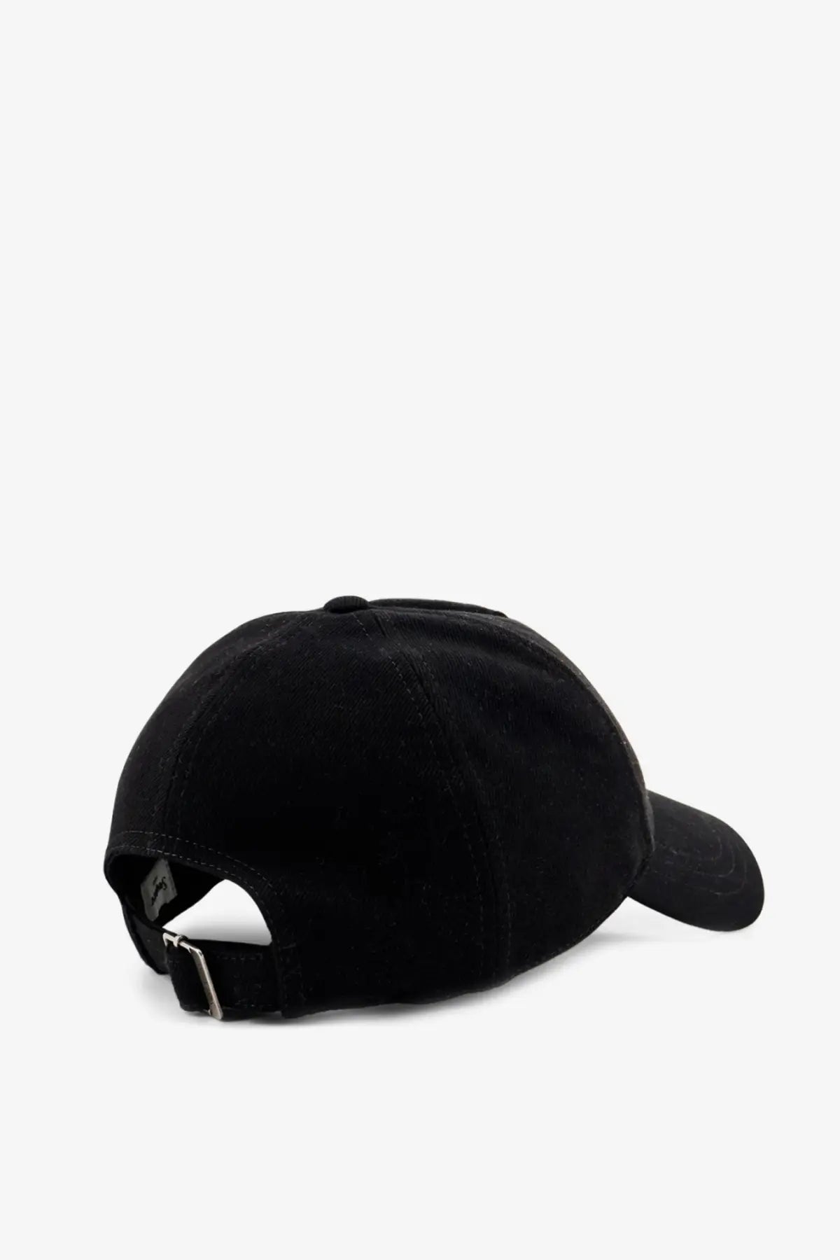 Saint Laurent men’s black denim baseball cap showing back with adjustable strap and silver buckle