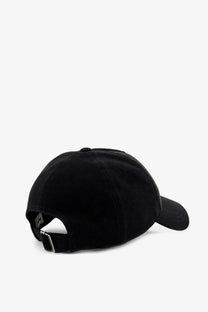 Saint Laurent men’s black denim baseball cap showing back with adjustable strap and silver buckle