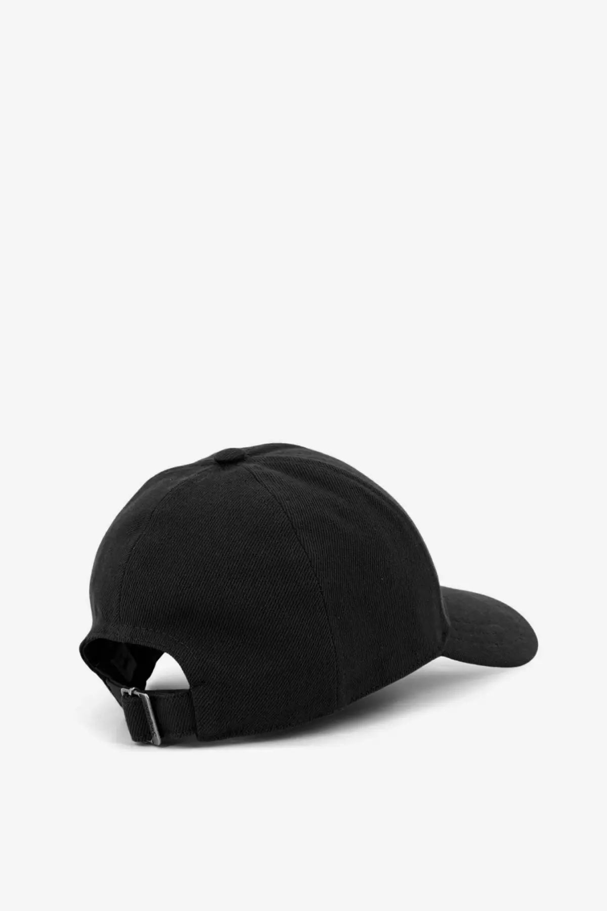 Saint Laurent men’s black denim baseball cap showing adjustable strap and buckle on the back side