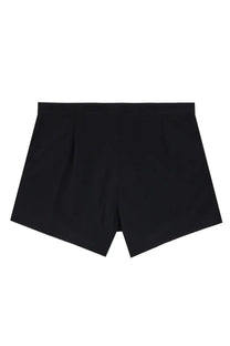 Saint Laurent men’s black tailored boxer swimsuit with sleek minimalist design and subtle pleats at waistband