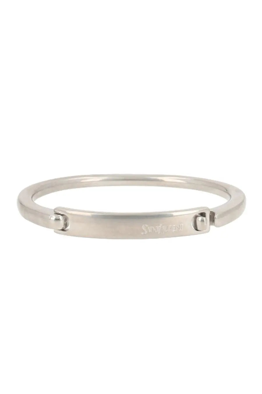 Saint Laurent men’s silver-toned metal bangle bracelet with sleek minimalist design and engraved sylvan branding