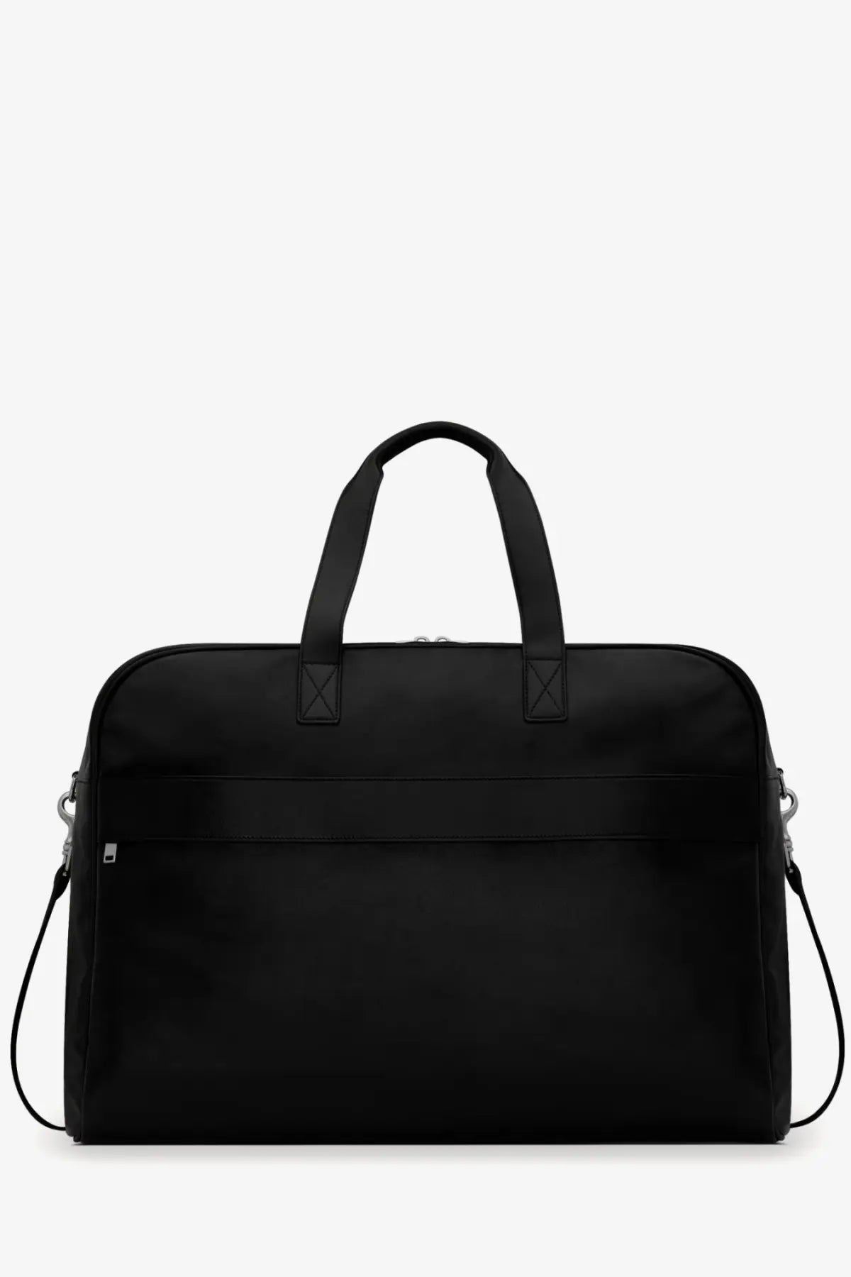 Saint Laurent men’s camp leather travel bag in black nylon with top handles and adjustable shoulder strap