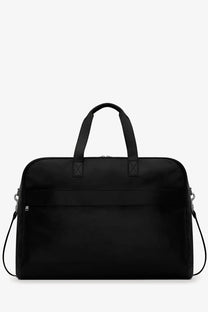 Saint Laurent men’s camp leather travel bag in black nylon with top handles and adjustable shoulder strap