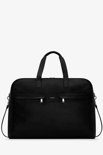 Saint Laurent men’s camp leather travel bag black with sleek durable fabric and silver toned hardware accents