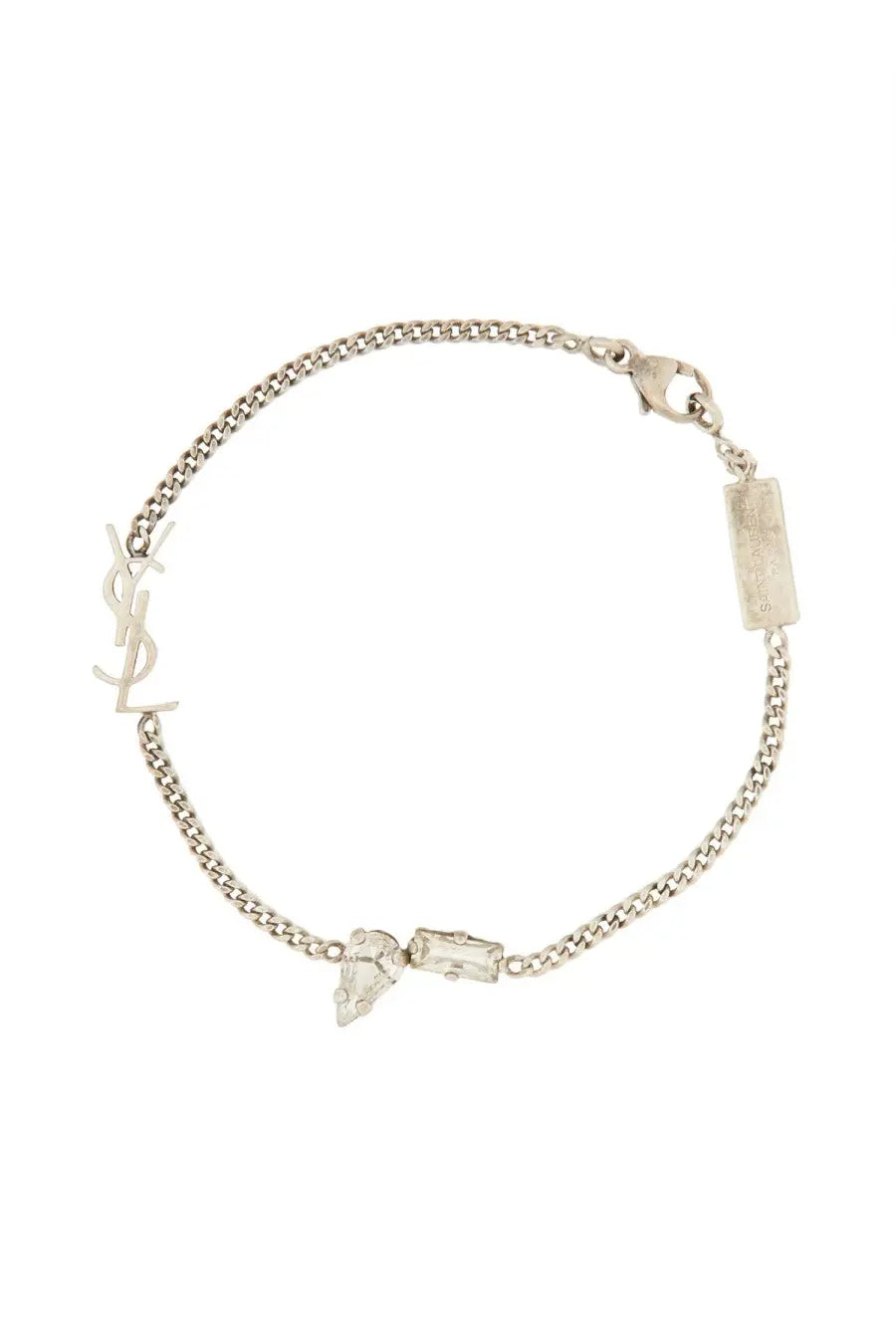 Saint Laurent men’s Cassandras charm bracelet silver with chain link design interlocking logo and clear crystal pendants