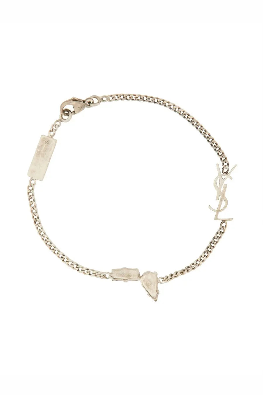 Saint Laurent men’s cassandras charm bracelet in silver with chain links rectangular tag and abstract pendant charms