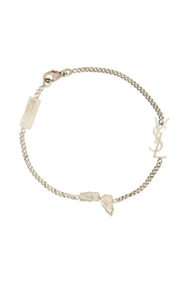 Saint Laurent men’s cassandras charm bracelet in silver with chain links rectangular tag and abstract pendant charms