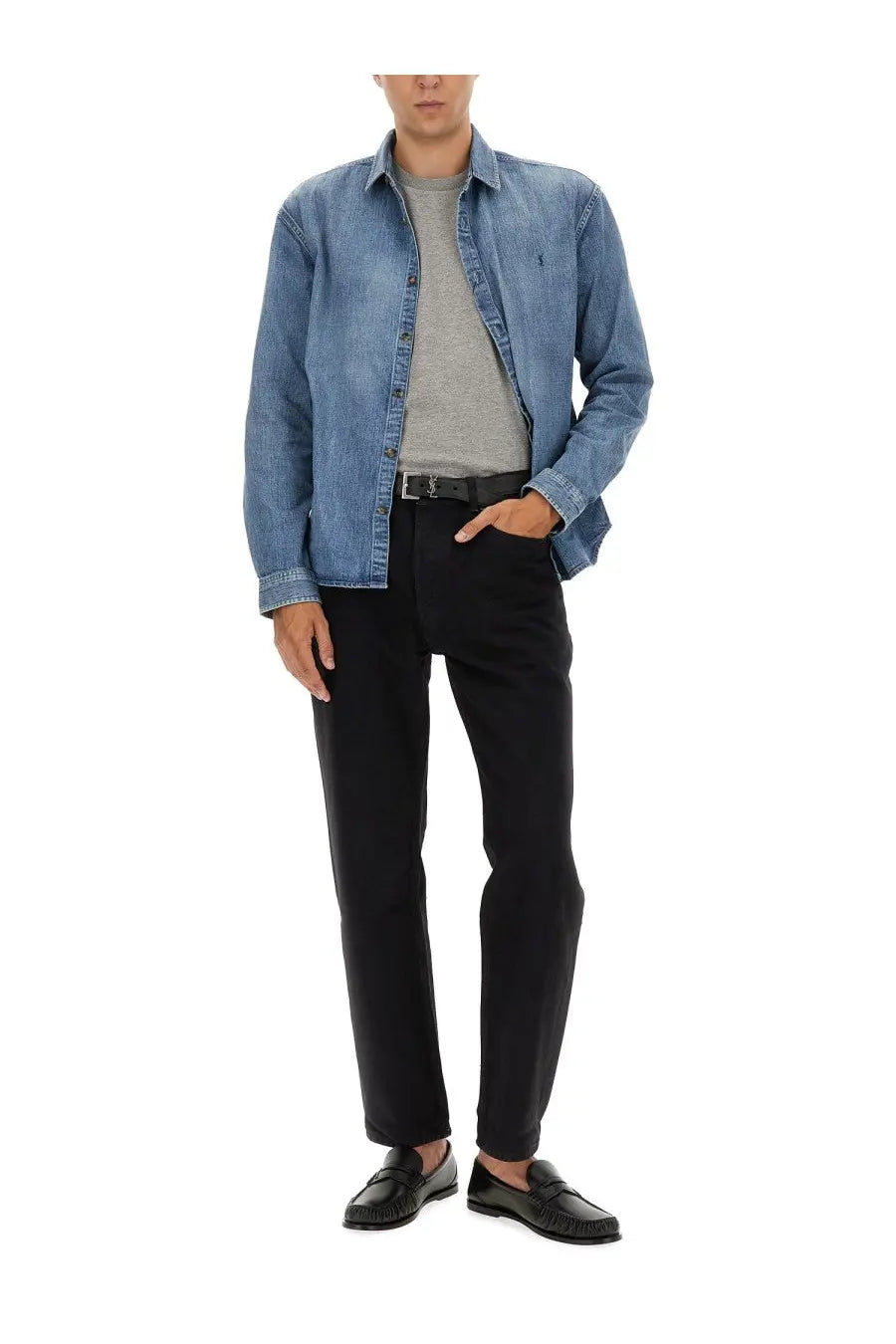 Saint Laurent men’s Cassandras grey blue denim shirt with classic collar and button-down front with faded look