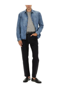 Saint Laurent men’s Cassandras grey blue denim shirt with classic collar and button-down front with faded look