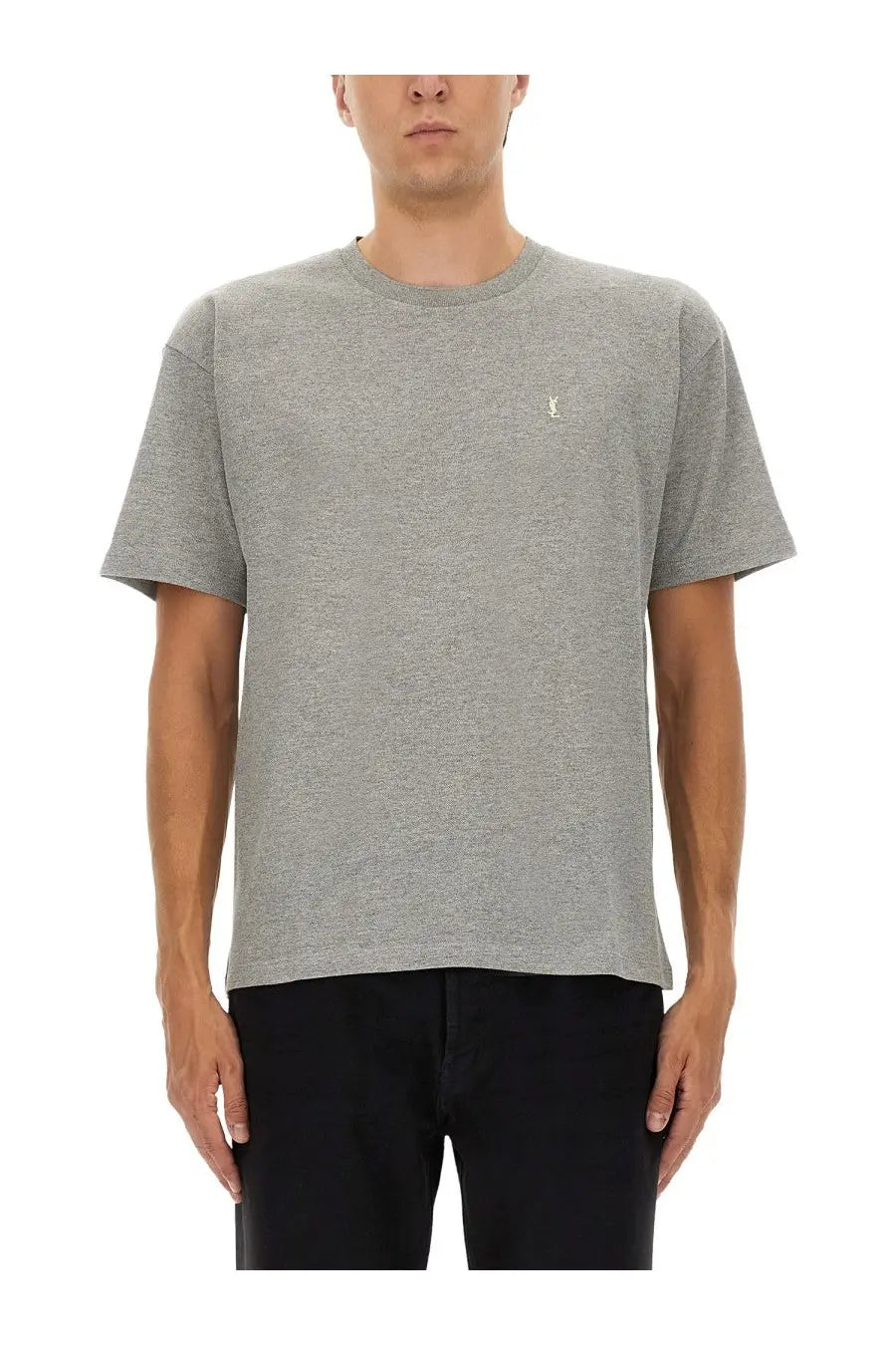 Saint Laurent men’s Cassandras gray heathered cotton t-shirt with small white embroidered logo on left chest