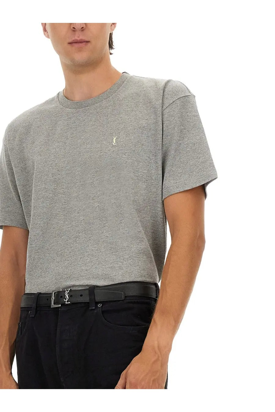 Saint Laurent men’s Cassandras shirt grey gray heathered cotton t-shirt with small embroidered YSL logo on left chest