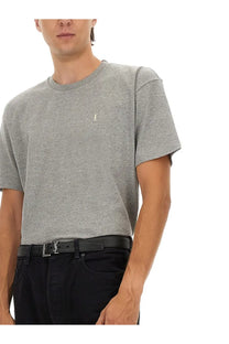 Saint Laurent men’s Cassandras shirt grey gray heathered cotton t-shirt with small embroidered YSL logo on left chest