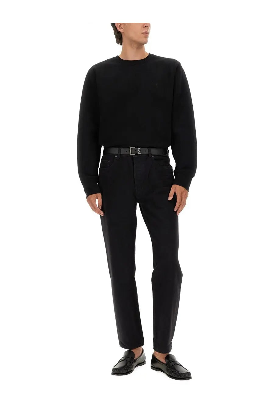 Black leather belt with silver-tone ysl logo buckle complementing saint laurent men’s cassandras sweatshirt black