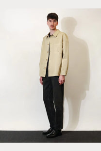 Saint Laurent men’s beige button-up cassandre certified cotton overshirt with subtle chest pocket logo