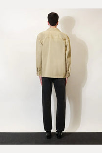 Beige Saint Laurent men’s cassandre certified cotton overshirt with classic collar and buttoned cuffs