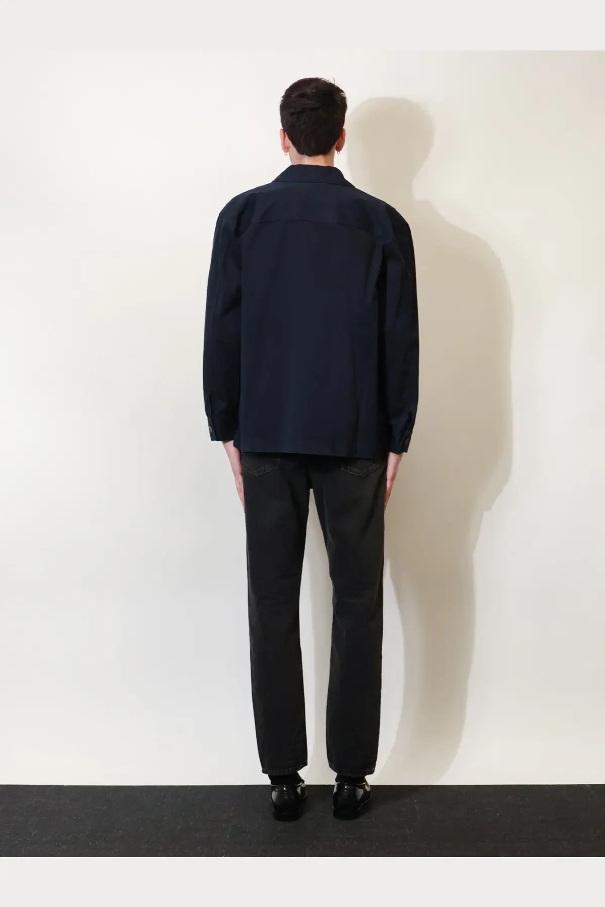 Saint Laurent men’s cassandre certified cotton overshirt in dark navy blue with long sleeves and structured collar