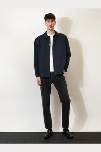 Saint Laurent men’s cassandre navy blue cotton overshirt with classic collar and two chest pockets