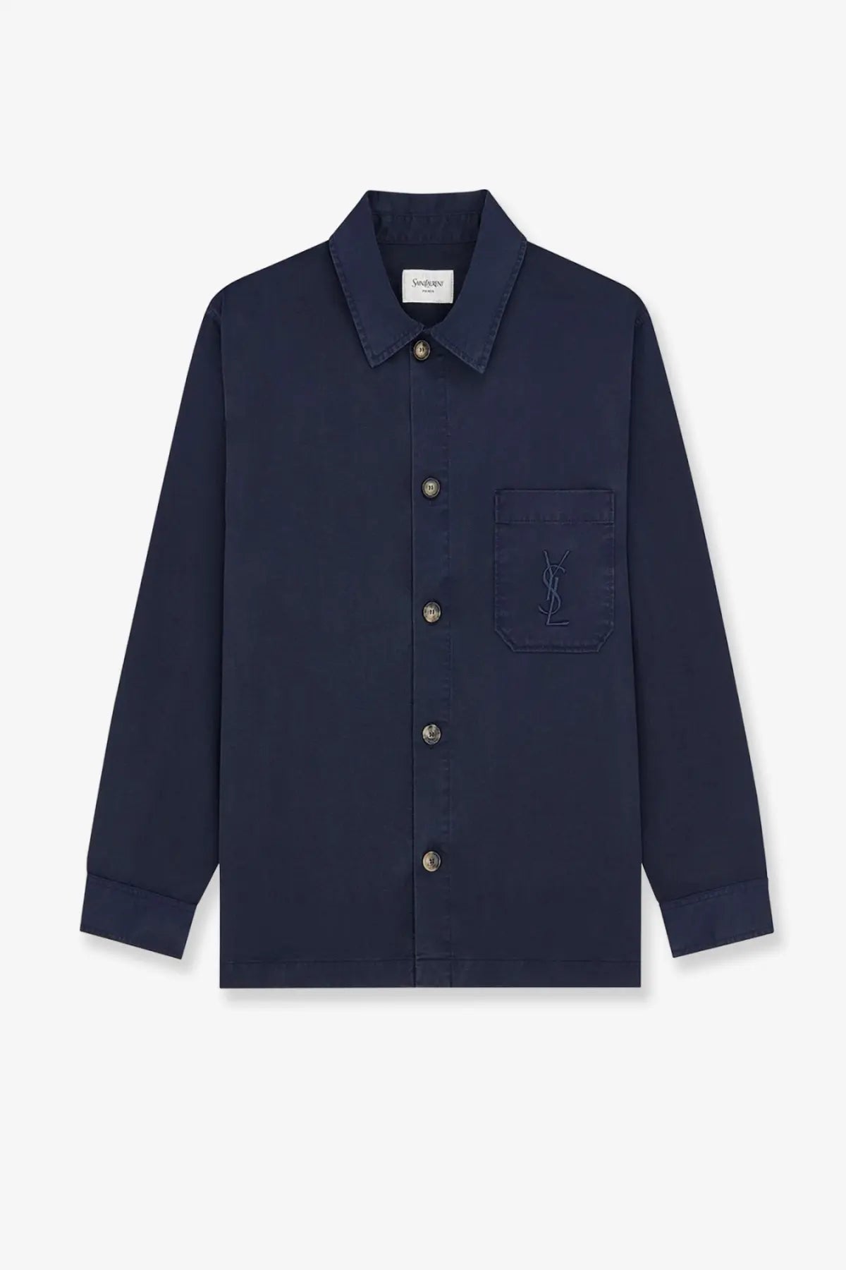 Saint Laurent men’s cassandre certified cotton overshirt in navy blue with a subtle embroidered logo on the chest pocket
