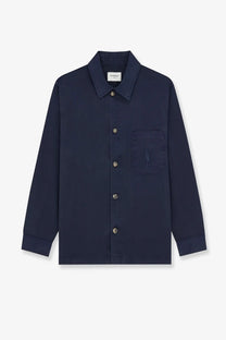 Saint Laurent men’s cassandre certified cotton overshirt in navy blue with a subtle embroidered logo on the chest pocket