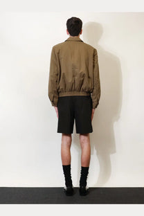Saint Laurent men’s cassandre cotton bomber jacket beige with tan color ribbed waistband and long sleeves