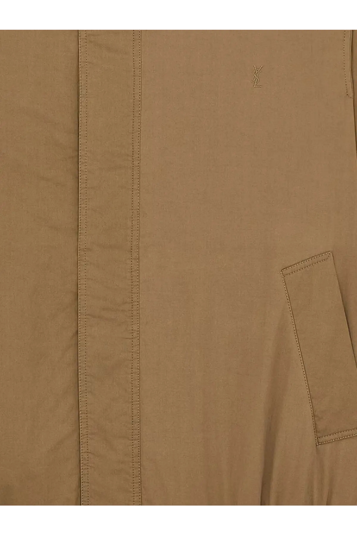 Saint Laurent men’s cassandre cotton jacket beige tan trench coat with subtle YSL logo embroidered on the chest