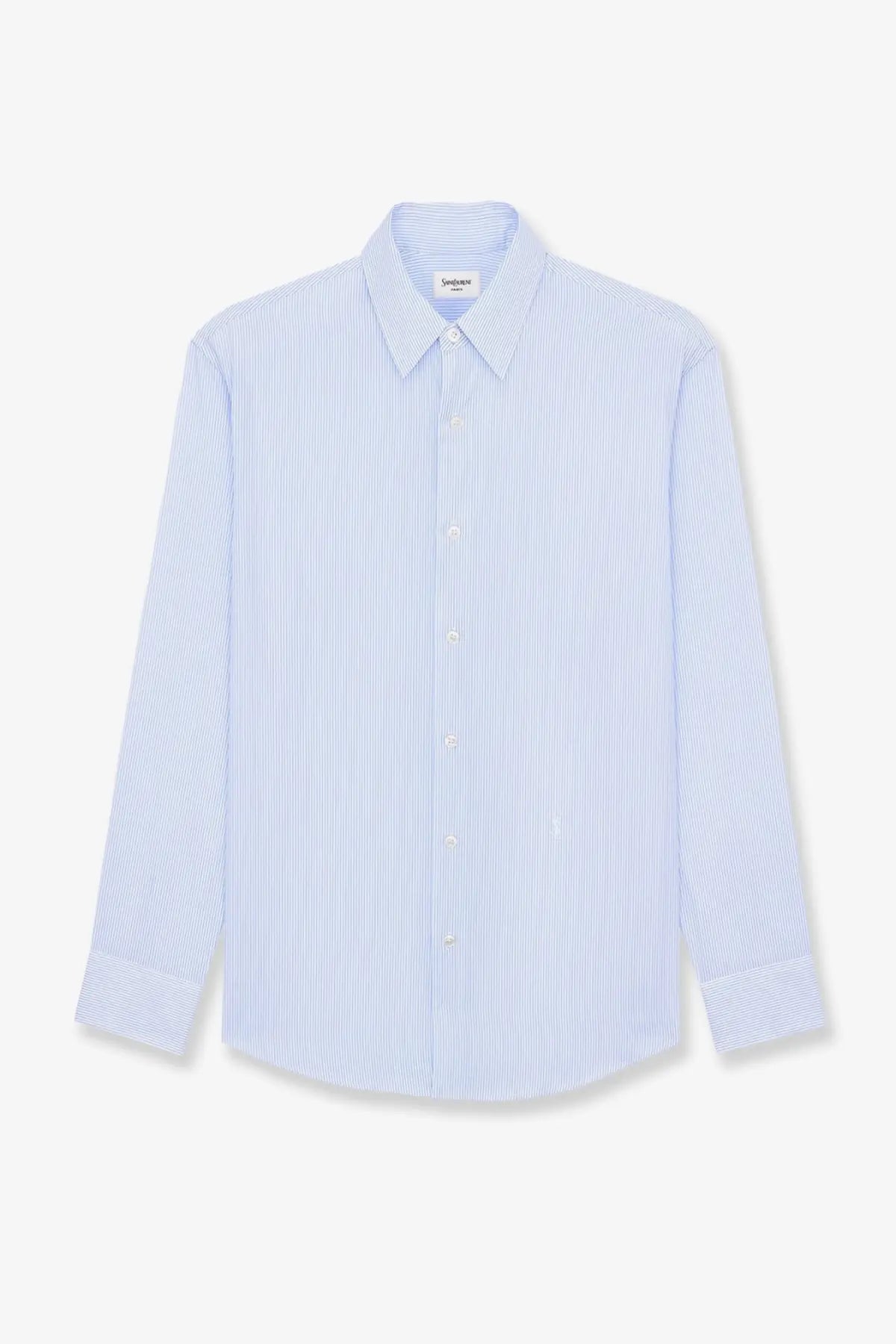 Saint Laurent men’s Cassandre light blue and white striped long-sleeved cotton shirt with classic collar