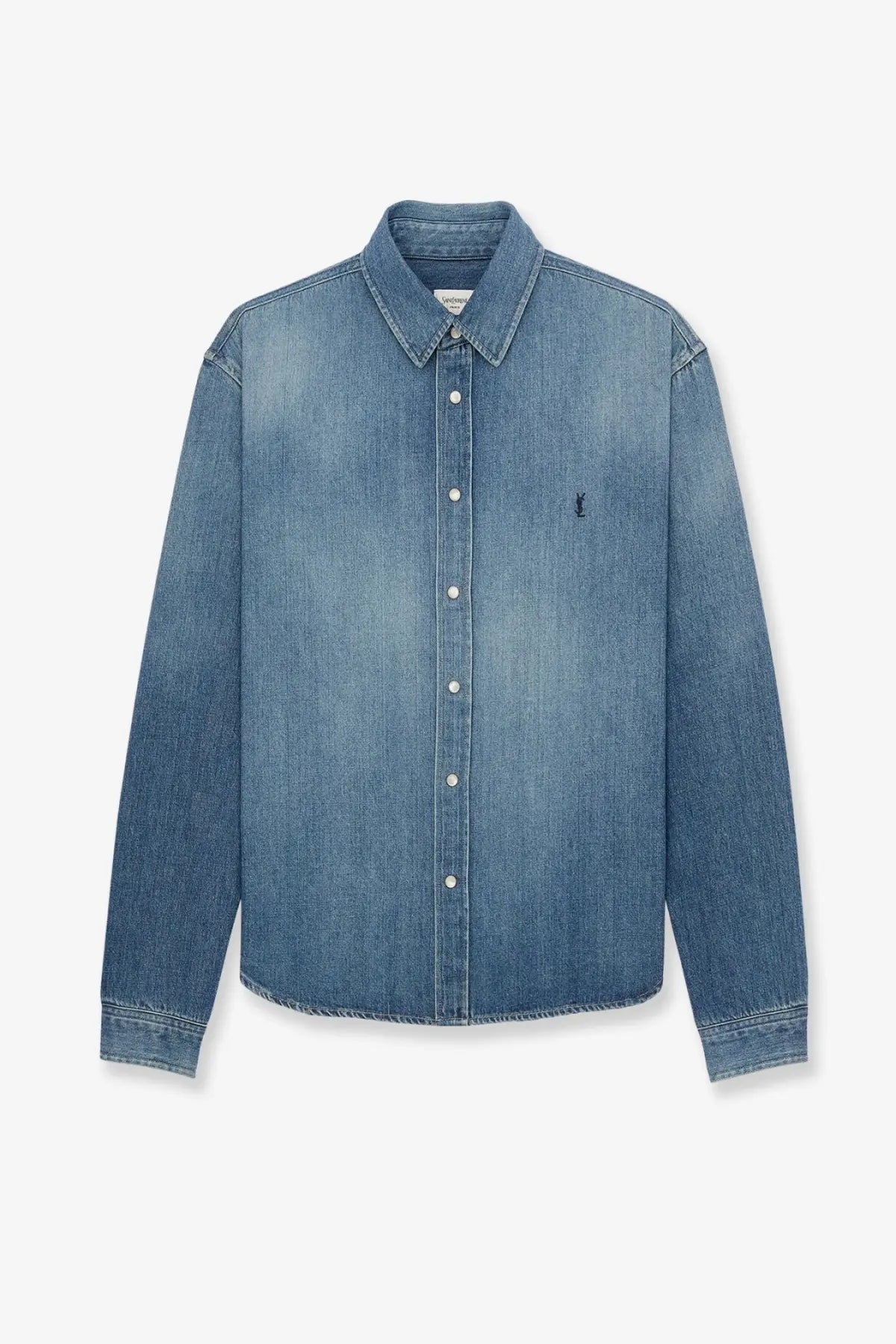 Saint laurent men’s cassandre horizon blue denim button-up shirt with subtle faded wash and embroidered chest logo