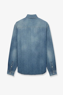 Saint Laurent men’s cassandre horizon blue denim shirt with long sleeves collar buttoned cuffs in blue denim
