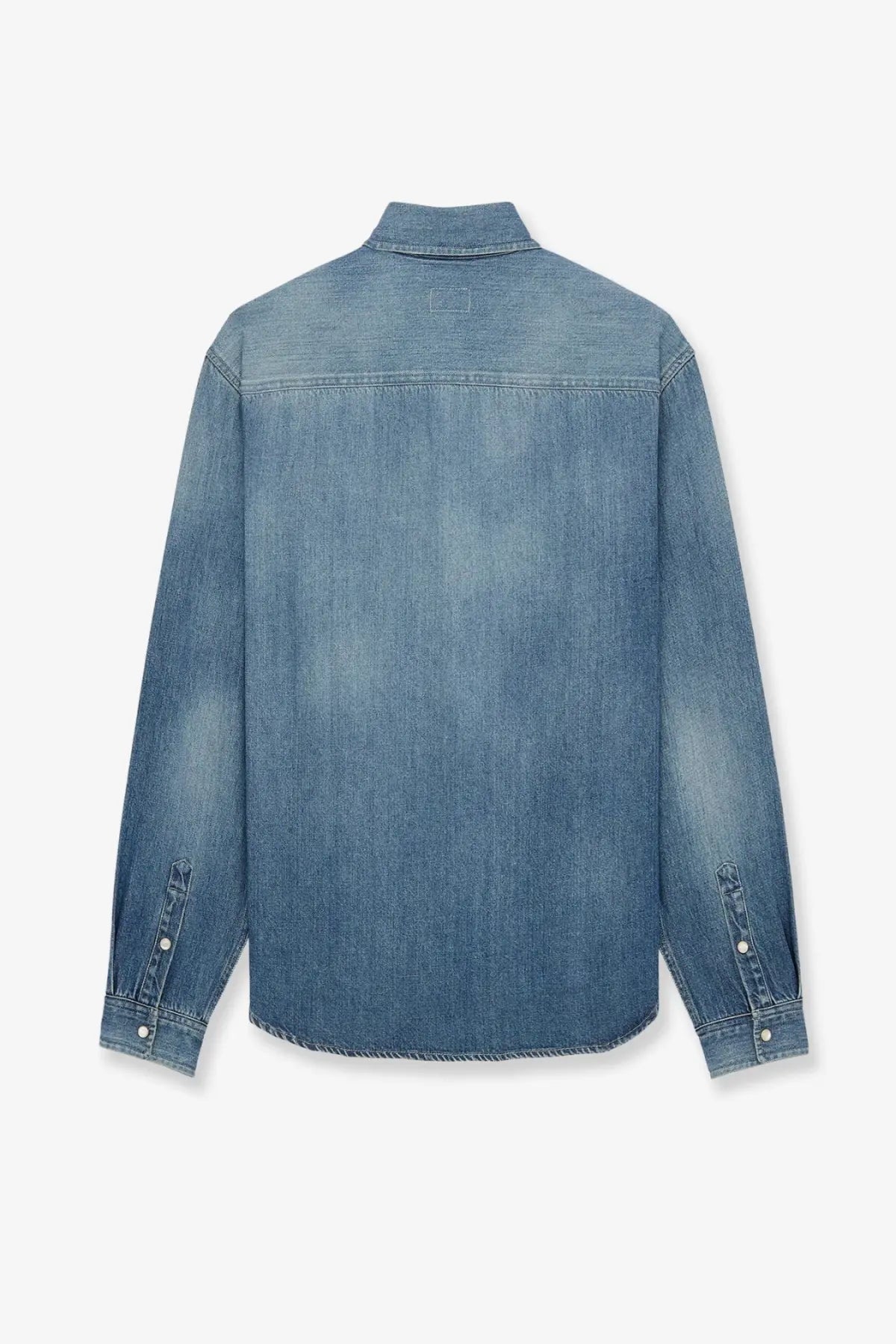 Saint Laurent men’s cassandre horizon blue long-sleeved denim shirt with collar and buttoned cuffs