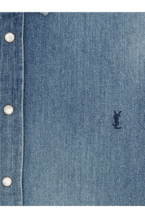 Saint Laurent men’s blue denim shirt with white buttons and small black embroidered YSL logo on the front