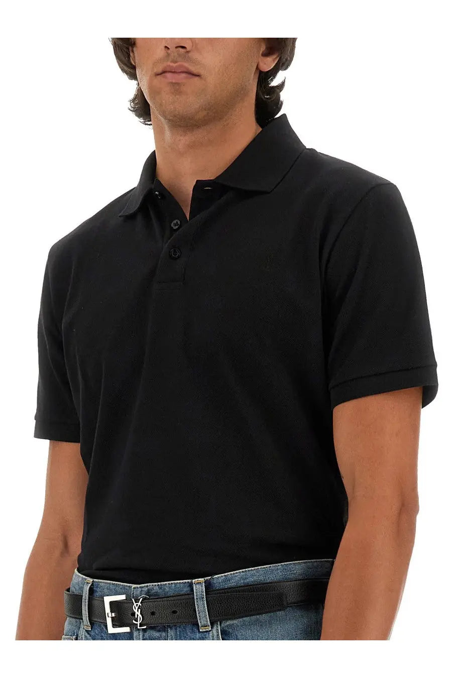 Saint Laurent men’s Cassandre black short-sleeved polo shirt with classic collar and buttoned placket