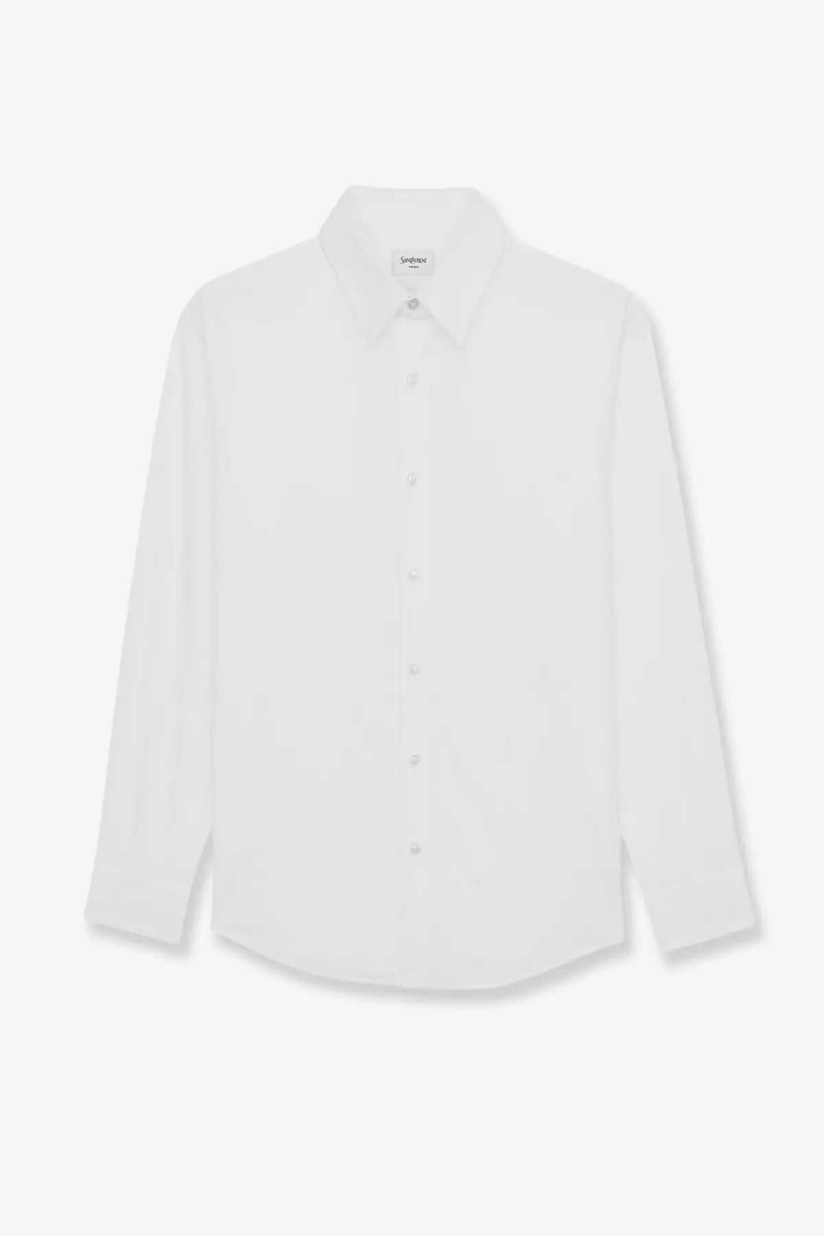 Saint Laurent men’s Cassandre white long-sleeved button-down shirt made of stretch cotton with classic collar and subtle texture