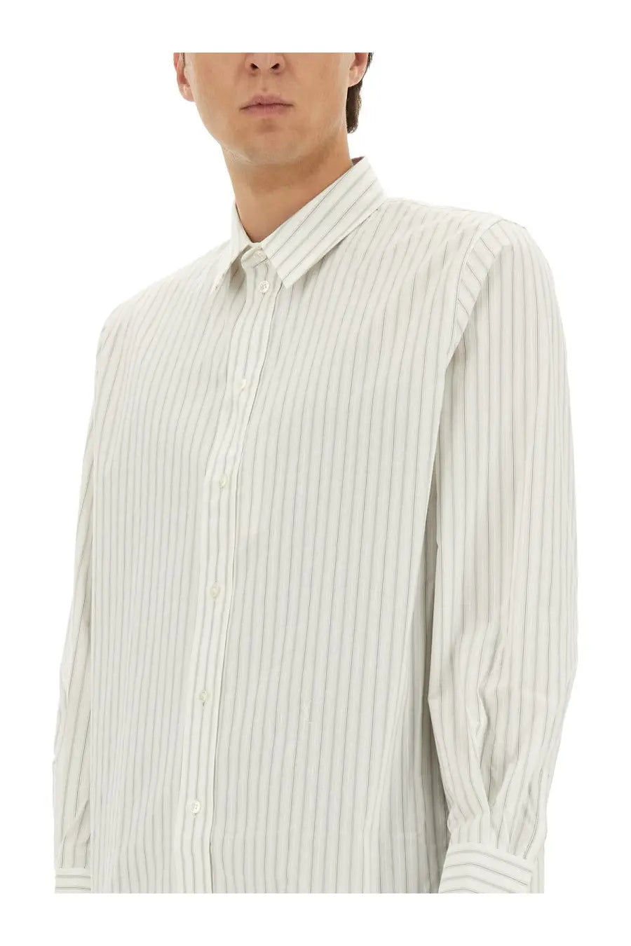 Saint Laurent men’s cassandre striped shirt white with subtle vertical soft gray stripes on off-white fabric
