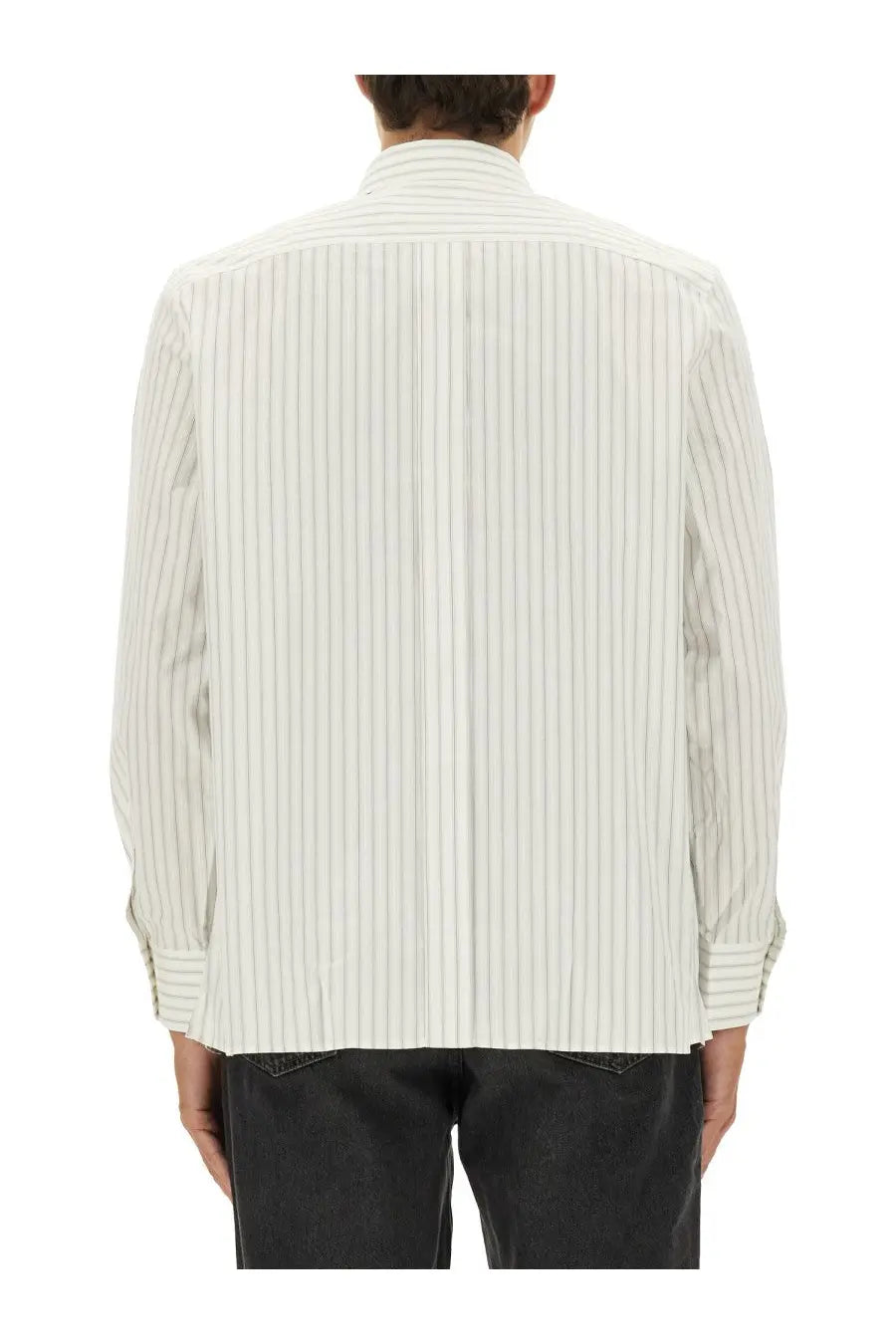 Saint Laurent men’s Cassandre white button-up shirt with light gray stripes and subtle pleated texture