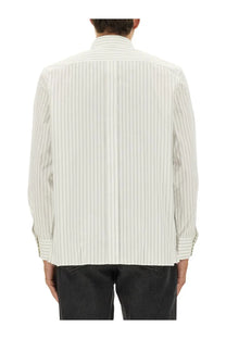 Saint Laurent men’s Cassandre white button-up shirt with light gray stripes and subtle pleated texture