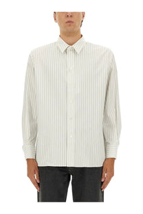 Saint Laurent men’s cassandre crisp white and light gray vertical striped button-down shirt with classic collar
