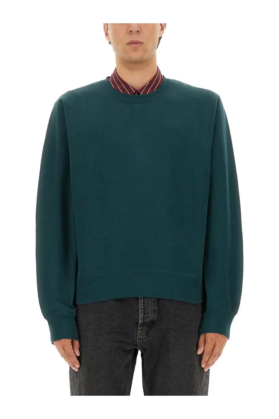 Saint Laurent men’s cassandre dark green crewneck sweatshirt with ribbed cuffs and hem in cotton blend fabric