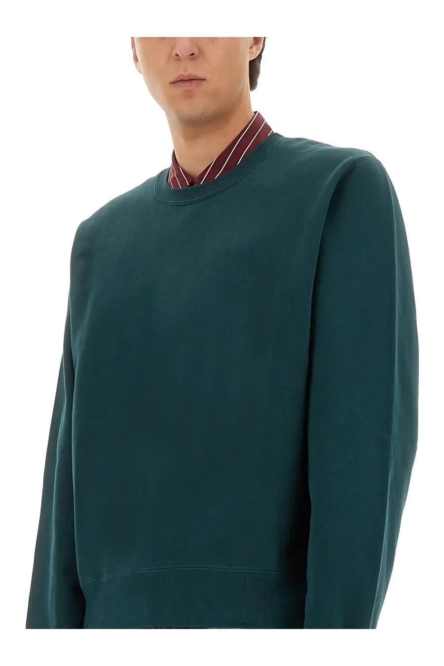 Saint Laurent men’s Cassandre dark green crewneck sweatshirt with ribbed cuffs and hem in soft cotton blend