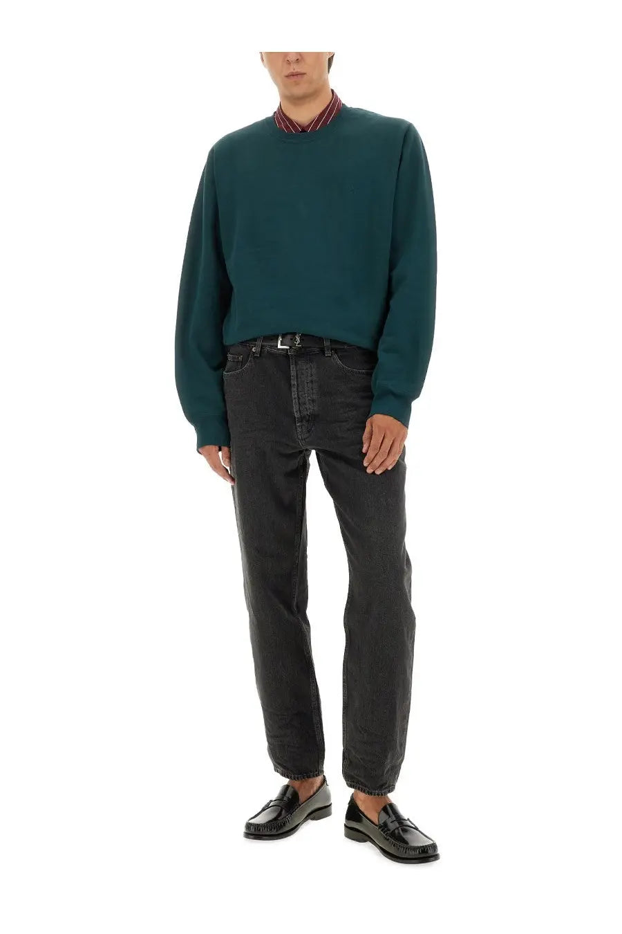 Saint Laurent men’s cassandre sweatshirt green dark green long sleeved knit sweater with ribbed crew neckline