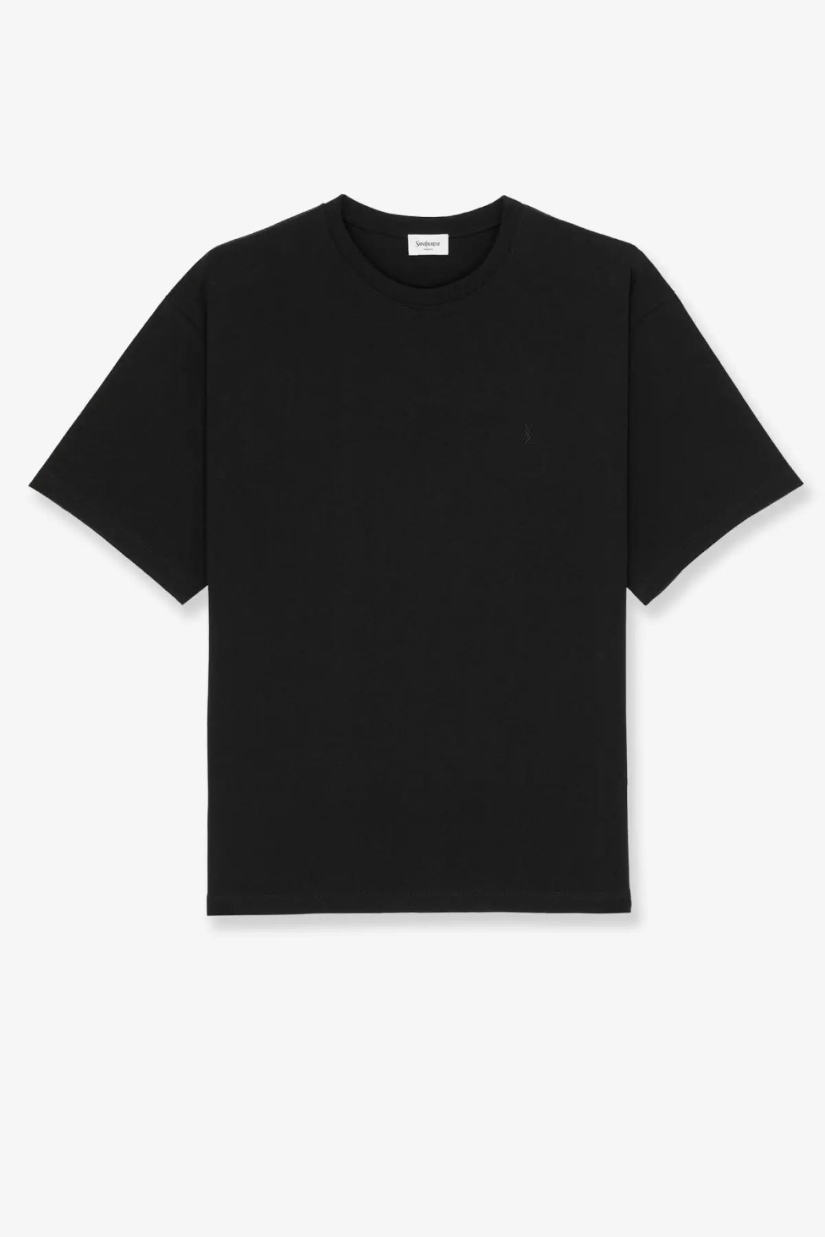 Saint Laurent men’s black short-sleeved crew neck cotton t-shirt with subtle embroidered logo on left chest