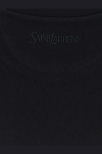 Saint Laurent men’s certified cotton black t-shirt with subtle embroidered branding at the neckline