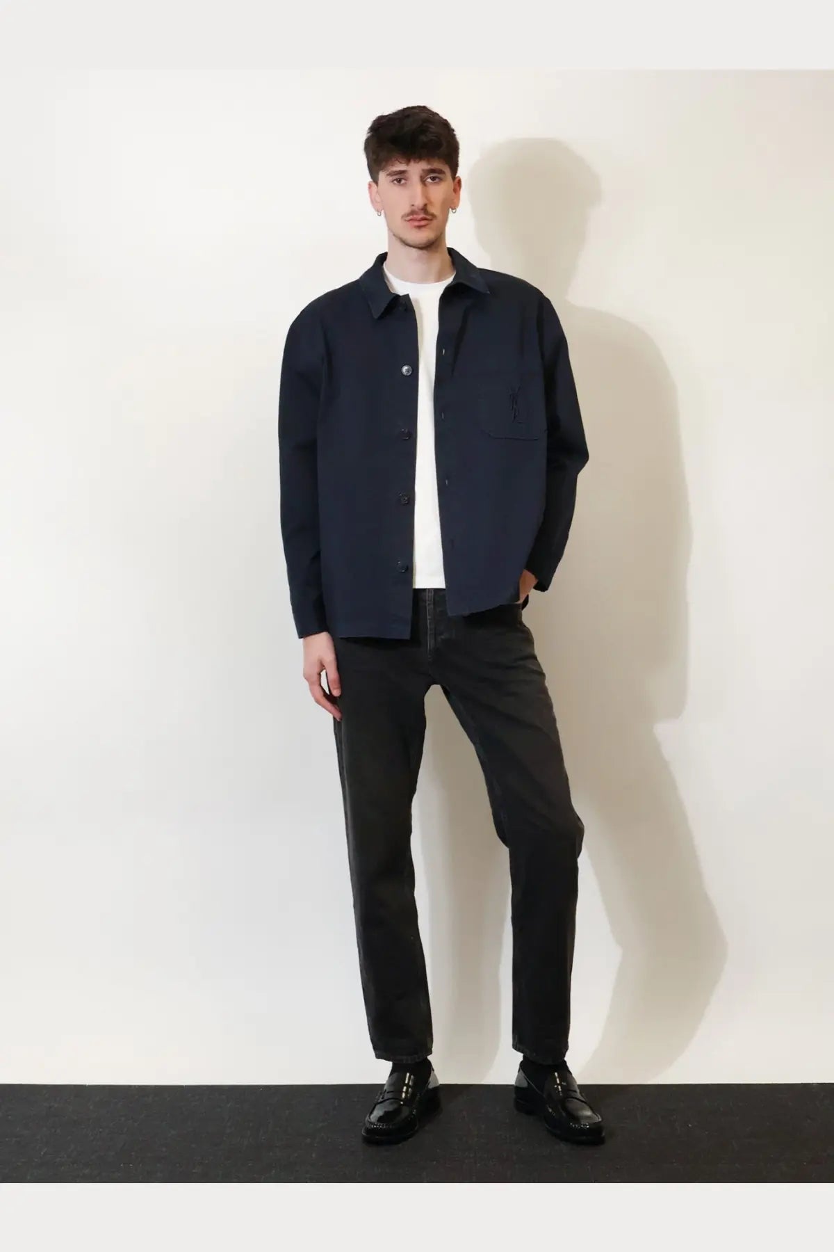 Saint Laurent men’s certified cotton navy blue button-up shirt with classic collar and two chest pockets