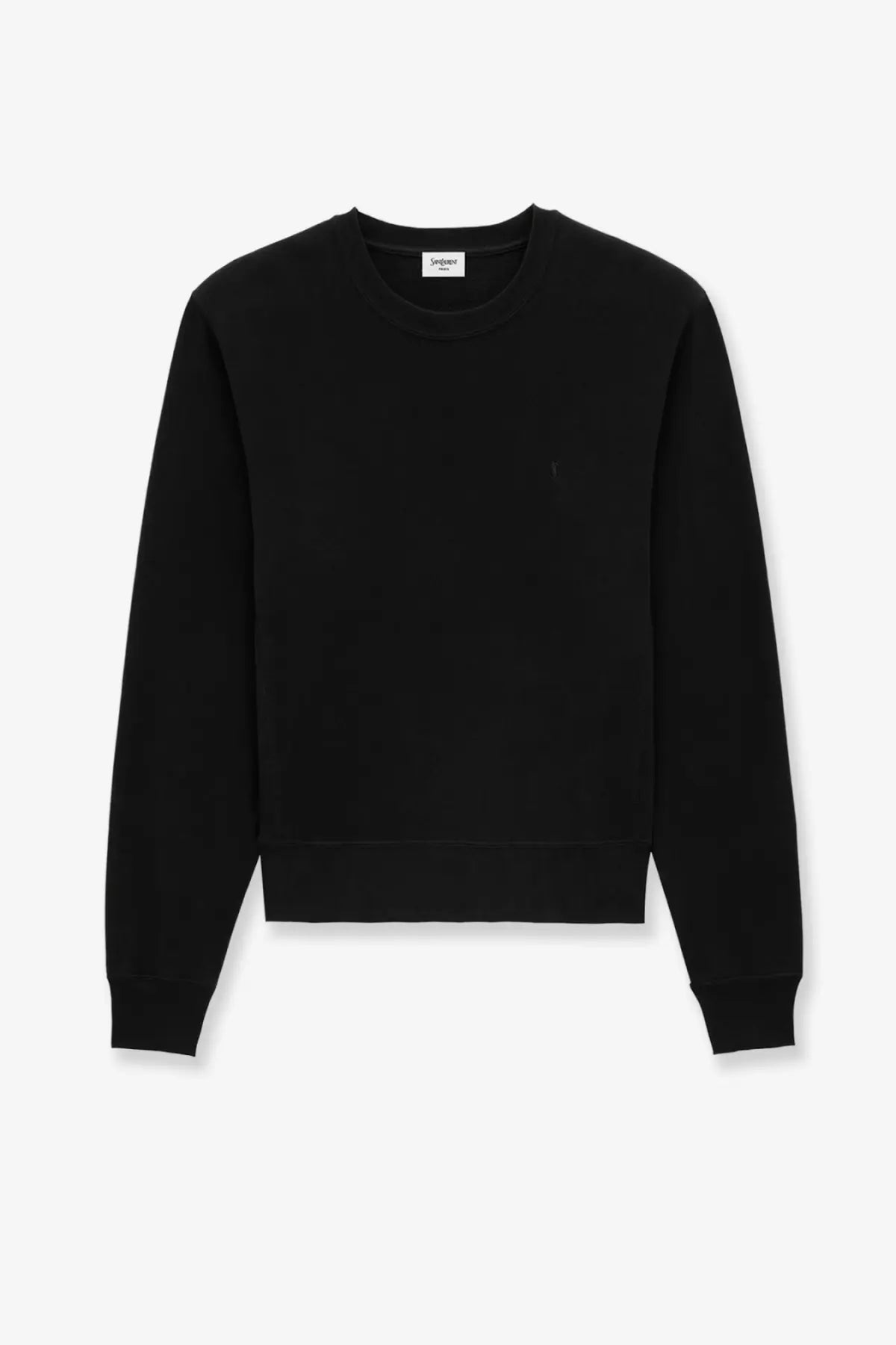 Saint Laurent men’s black crewneck sweatshirt with subtle embroidered logo made from certified cotton