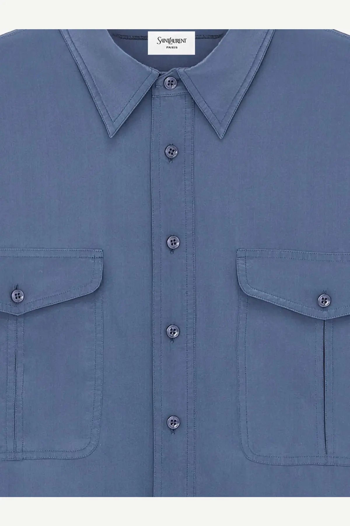 Saint Laurent men’s certified viscose and silk light blue button-up shirt with classic collar and two chest pockets