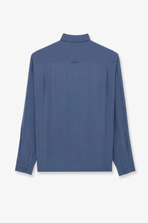 Saint Laurent men’s certified viscose and silk navy blue long-sleeved button-up shirt with crisp collar and back pleats